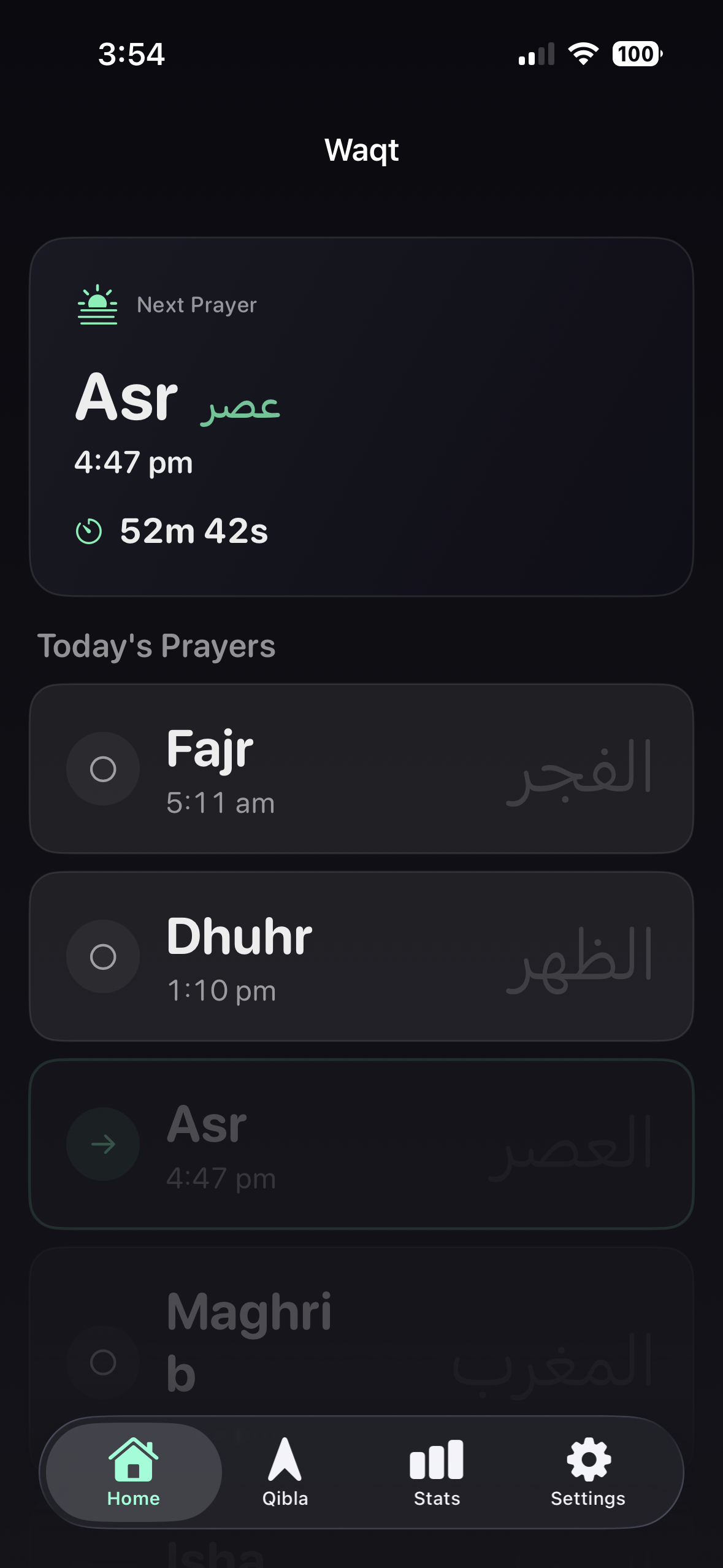 Waqt prayer times screen showing next prayer countdown and today's prayers
